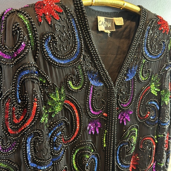 Vintage 80s Silk Sequin Beaded Long Sleeve ART DECO Jacket small India by Carina - Picture 2 of 15